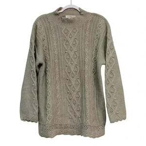Vintage 90s Cable Knit Sweater Size Large Green Ramie Cotton Beaded Hand Knit